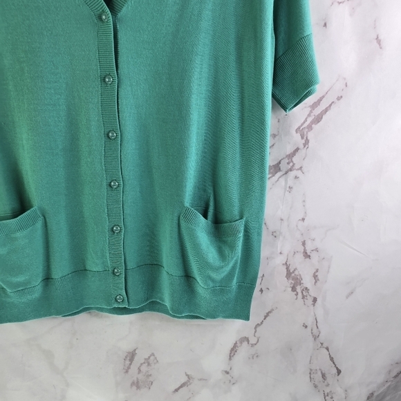 Talbots Cardigan Womens Large Green Short Sleeve Sweater Kelly Pockets - Picture 4 of 13